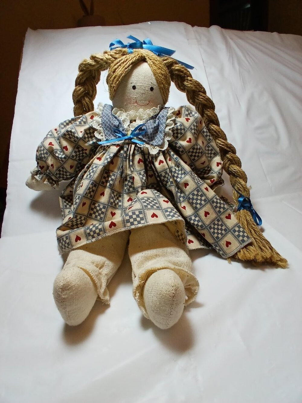 Vintage Handmade Weighted 14” Cloth Rag Doll with Braids and heart design dress
